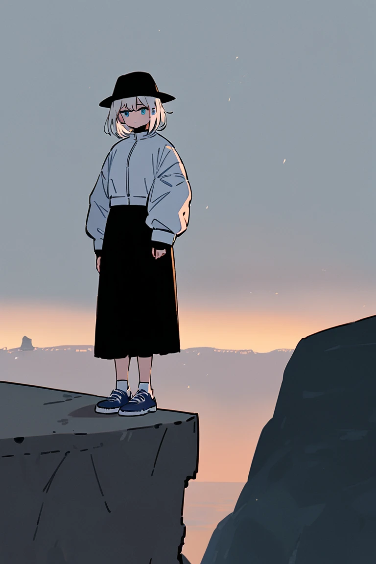 A woman standing on a edge of the cliff, short white hair, oversized white jacket, long black skirt, blue shoes, looking down at the cliff with a dull expression, evening background, wearing a black hat, pastel blue eyes, long white socks