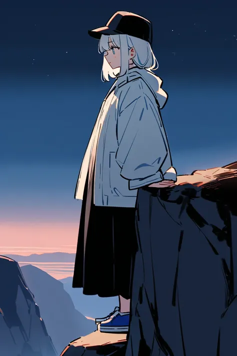 A woman standing on a edge of the cliff, short white hair, oversized white jacket, long black skirt, blue shoes, looking down at the cliff with a dull expression, evening background, wearing a black hat, pastel blue eyes, long white socks