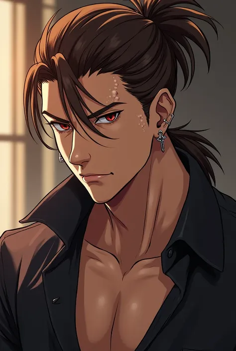 White anime character, with eyebrow piercings male, yakuza, ponytail brown hair,brownred dark eyes, handsome, sexy, piercings , more muscle