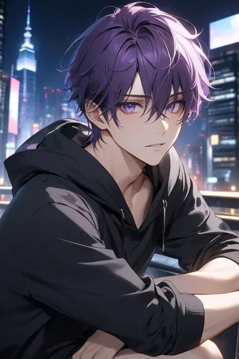 boy, very handsome face, charming gaze, purple hair, light purple eyes, black hoodie style, cool sitting pose, night city background, (sharp eye details), (sharp face details), (hair details), (body details), (background details), make clear and good pictu...