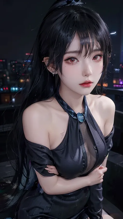 4K ultra - clear、best quality, masterpiece, Ultra-high resolution, (Reality: 1.4), 1 girl, Purple Eyes, Off-the-shoulder sweater dress, light、purple and black hair、(My girl、My cosmetics)、(Ear piercing、Large Breasts、Oversized off-the-shoulder black T-shirt、...