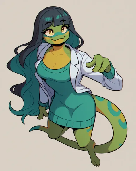 1girl, solo, green skin, adult female, day gecko, lizard girl, not human, anthro, long straight black hair, long hair, teal highlights, elegant, sexy, bangs, cute face, teal blue markings  on skin, bright gold eyes, long simple tail, geek girl, no human ea...