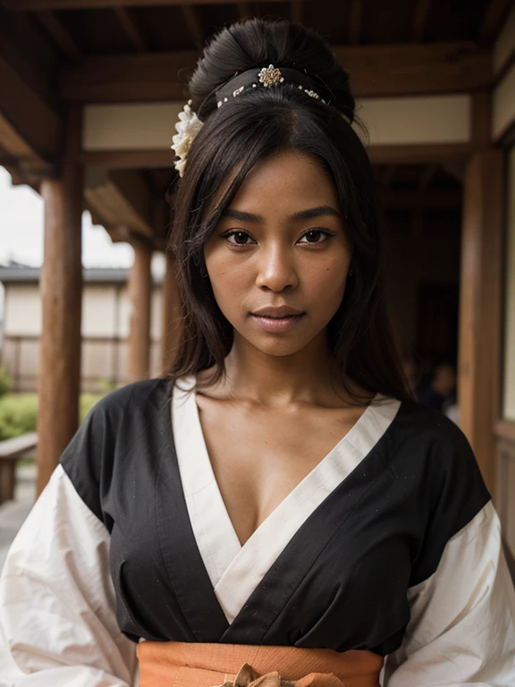 African black geisha, very dark ebony skin, kurotomesode kimono, close-up portrait, in japan