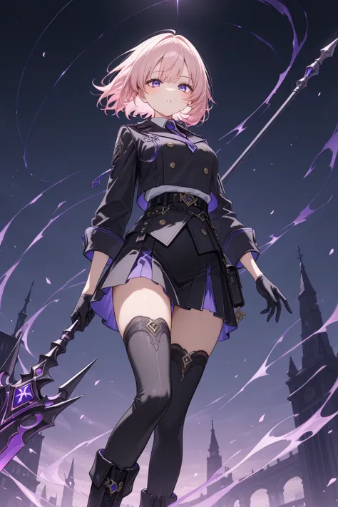 1 girl, violet eyes, light pink hair, short hair, cool, beautiful, black jacket, black skirt, black boots, mysterious atmosphere, long spear in her hands, black serrated spear, mysterious atmosphere, masterpiece, rolled up , great quality , very aesthetic,...