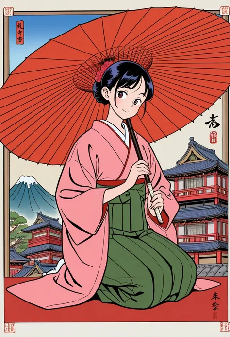 1girl, japanese_clothes, oil-paper_umbrella, east_asian_architecture, Ukiyo-e, masterpiece, best quality, super detail, perfect anatomy, very aesthetic, amazing quality, high resolution, ultra-detailed, absurdres