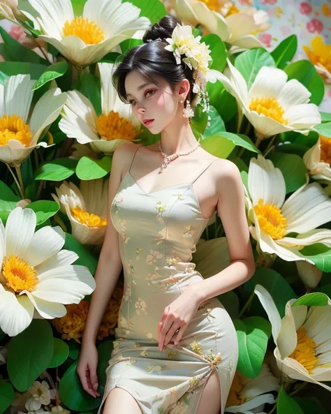  Masterpiece,   Best Quality , (1 woman), ultra-detailed,  Little Details ,  high resolution,  8K image quality , HyperHD,  perfect compositional composition,  very fine eyes ,  Natural lips, Green and gold floral print dress , My hair is very short.,  abs...