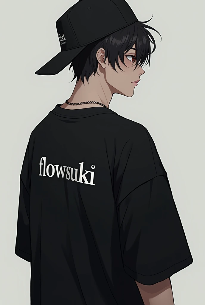 A character with his back,  looking to the side , with black cap, his black shirt and that the shirt has a design with the name flowsukii 