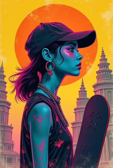 An illustration of a punk rock girl in bright, neon An illustration of a Blacklight damp pop yellow and Purplelight Rocketship inspired art..2:4
A portrait of a artist, with a thoughtful expression surrounded by open space, 1970's poster, psychedelic, Budd...