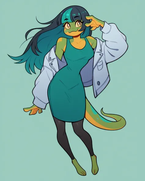 1girl, solo, green skin, adult female, day gecko, lizard girl, not human, anthro, long straight black hair, long hair, teal highlights, elegant, sexy, bangs, cute face, teal blue markings on skin, bright gold eyes, long simple tail, geek girl, no human ear...