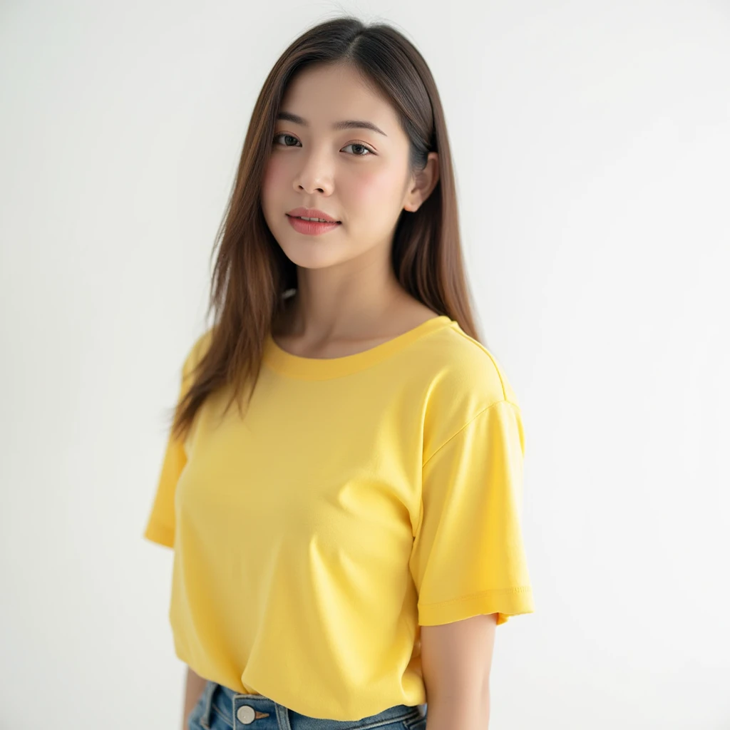 Thai female Front view Cheerful and bright ((Wear a blank yellow t shirt larg size and wearing a jeans pants)), white background,adding depth and a dynamic element to the composition.medium angle, positioned at waist level to emphasize, Masterpiece, Best Q...