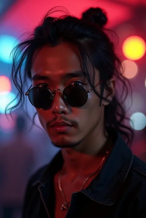 Foto realistic, 25-year-old Indonesian man , long curly hair in a bundle backwards, wearing round frame sunglasses , , focused face facing front, dark begron nightclub atmosphere ,ultra detail,haiper realistic  ,UHD,gocus detail,super image quality