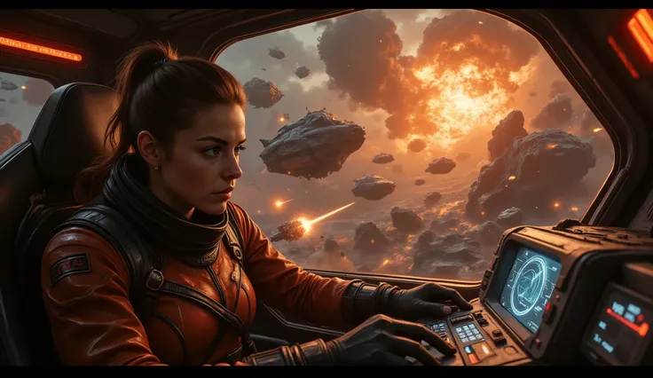 Inside the dimly lit cockpit of the rebel starfighter, flickering red warning lights cast a tense glow on the faces of its crew. Elara Voss grips the controls with unwavering focus, her sharp blue eyes darting between the chaotic battlefield outside and th...