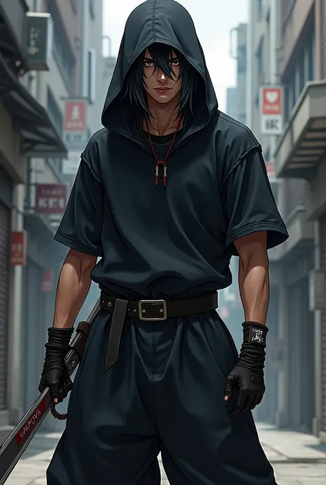 A shinobi ninja, with overside black pants, Tight and handsome average t-shirt at ,  Anime style