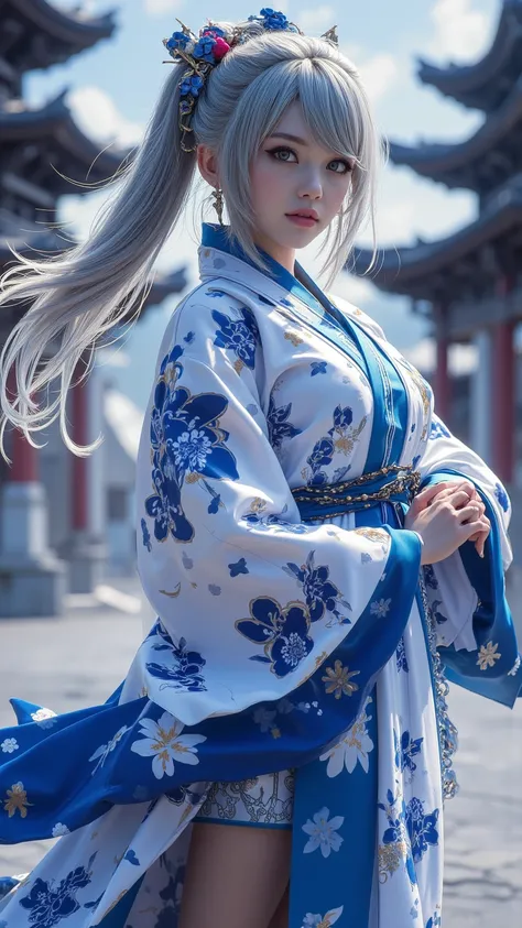  A beautiful silver-haired girl from China ，Character， wears a striking white and blue Chinese flag robe，Convey the essence of the garment ， The detailed design ， Vivid Color ， The expressive and charming physique of ，