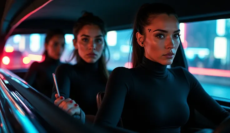 "A convoy of sleek black cars speeding through neon-lit city streets at midnight. Inside, the female bodyguards (athletic, in form-fitting black tactical suits) check their weapons and communicate through earpieces. The leader of the squad, a fierce woman ...