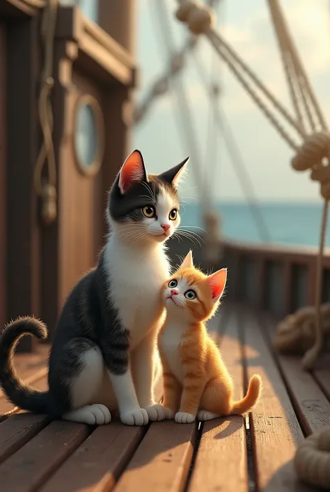 The cat and her baby stand in the ship.