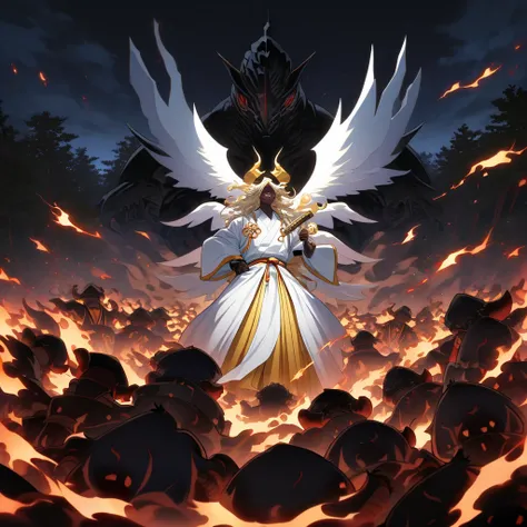 A dark-skinned male Angel called a Celestial, He's wearing a oversized White and golden Hakama uniform, traditional Japanese straw hat and Japanese samurai sandals, his hair is long and white, he has six wings that are engulfed in Holy White Flames. He has...