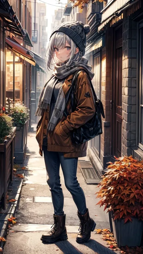 Silver hair, short hair, hooded hoodie, autumn streetscape, falling leaves, long sleeves, knitted hat, scarf, boots, casual fashion, autumn colours, dusk, warm light, calm atmosphere, autumn breeze, street lamp, autumn leaves, autumn outfit, landscape, nat...