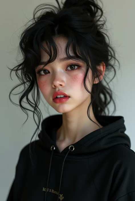 Beautiful girl with messy fluffy black hair red lips and beautiful teeth wearing a black tracksuit and hoodie. Small jawline, black eyelashes slim black eyebrows. Thin body, fit body tired eyes.