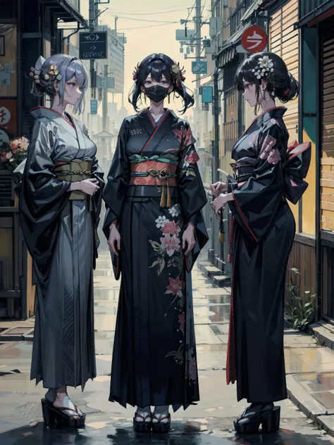 cowboy shot, earring, very huge round breasts, medium hair, half updo, hair ornament, black hair, (black kimono:1.4), (3girls:1.2), yuri,