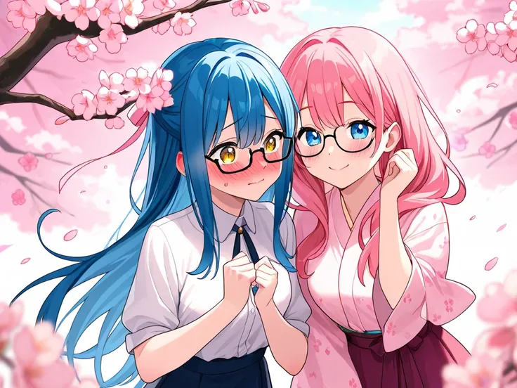 （ couple）（She has pink hair、 long hair、Embarrassed）（My boyfriend has short blue hair、glasses man、 smile）（ cute）（close）（ happy）（spring）（I'm looking at the cherry blossoms）