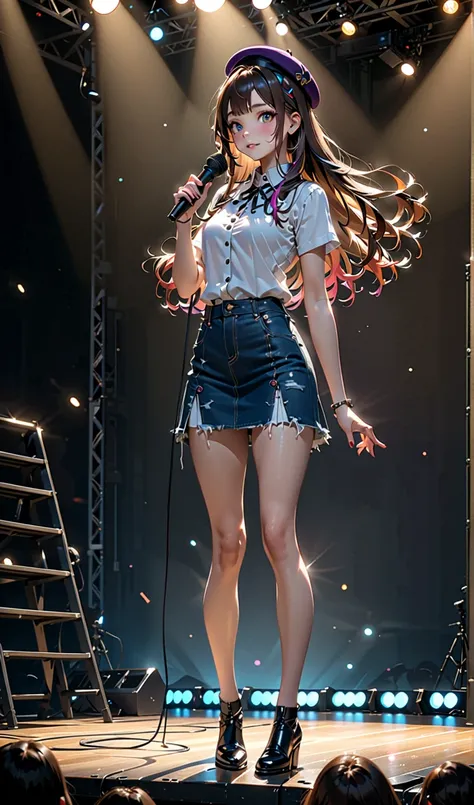 pretty young woman, singing performance, at stage, holding a microphone, BREAK, (forehead, long hair, dark-brown hair, multicolored streaked hair, multicolored hair, beret), BREAK, ( white top dress, dark denim pencil mini skirt, black heel), BREAK, (1girl...