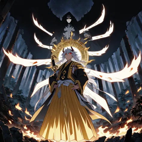 A dark-skinned male Angel called a Celestial, He's wearing a oversized White and golden Hakama uniform, traditional Japanese straw hat and Japanese samurai sandals, his hair is long and white, he has six wings that are engulfed in Holy White Flames. He has...