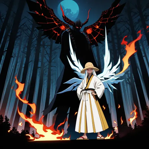 A dark-skinned male Angel called a Celestial, He's wearing a oversized White and golden Hakama uniform, traditional Japanese straw hat and Japanese samurai sandals, his hair is long and white, he has six wings that are engulfed in Holy White Flames. He has...