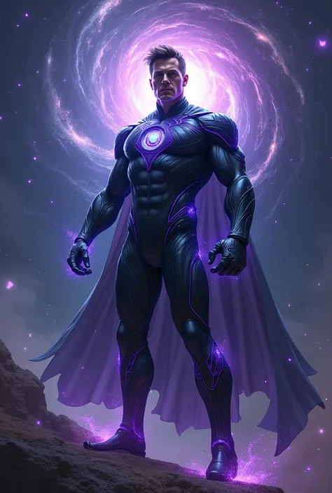 A cool superhero guy inspired by Black hole and outer space 