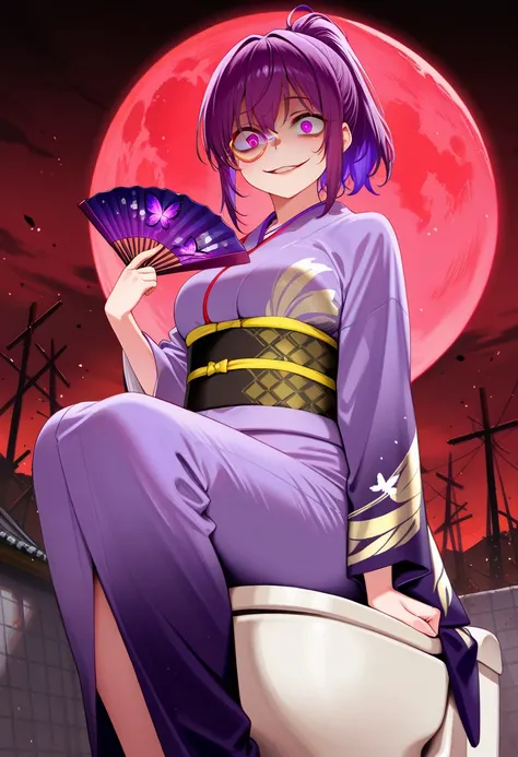 score_9,score_8_up,score_7_up,rating_safety,source_manga,masterpiece,best quality,hyper detailed,super fine illustration,8k,BREAK 1woman,(purple hair,ponytail),(half-closed purple eyes,crazy eyes)(monocle),(evil smile),(kimono),(holding_folding fan),(sitti...