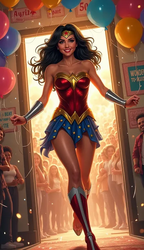 Wonder woman jumps inside a party room very joyfully, big breast, perfect body shape, 10 k subscribers many balloons words Tung on the wall 