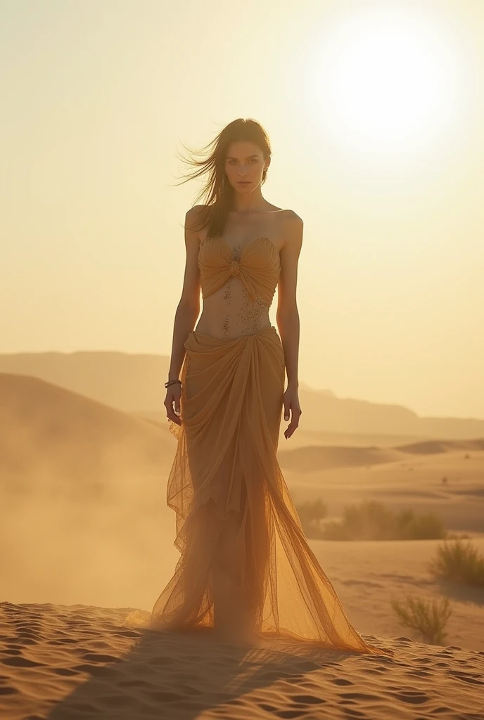 Tentu! Berikut adalah teks yang bisa digunakan untuk menghasilkan gambar AI:

**"A lone woman stands in the middle of a scorching desert, the sun blinding and relentless. Her figure is almost skeletal, covered in dust and sweat, blending into the harsh env...