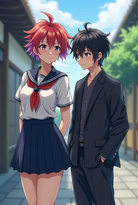 Draw cool anime girl with anime boy in Japanese uniform