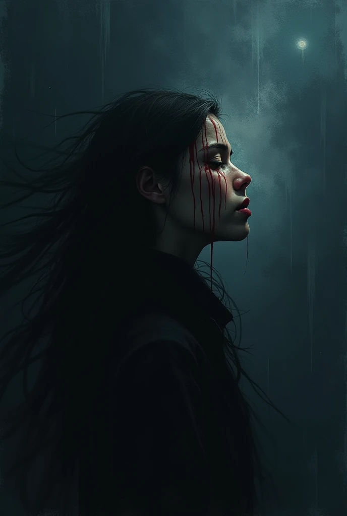 An intensely dramatic night scene, where the dense and oppressive darkness envelops everything, symbolizing the pain caused by each question. in the center, a barely perceptible face, blurred like an echo of a fragile memory, her features blurred by thick ...