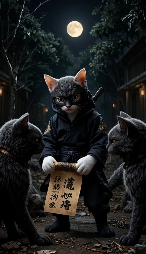 White kitten in black japanese ninja suit, carrying a secret scroll belonging to a samurai, in the middle of a Japanese residential forest, he's around 3 evil bandit cats, the night