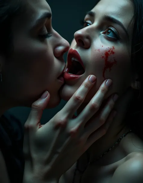 A dark, intense scene capturing an obsessive and unhinged love. A pair of hands, fingers tightening around a delicate neck, nails digging into soft skin, leaving deep red marks. The subjects face is partially visible- eyes wide with a mix of fear an longin...