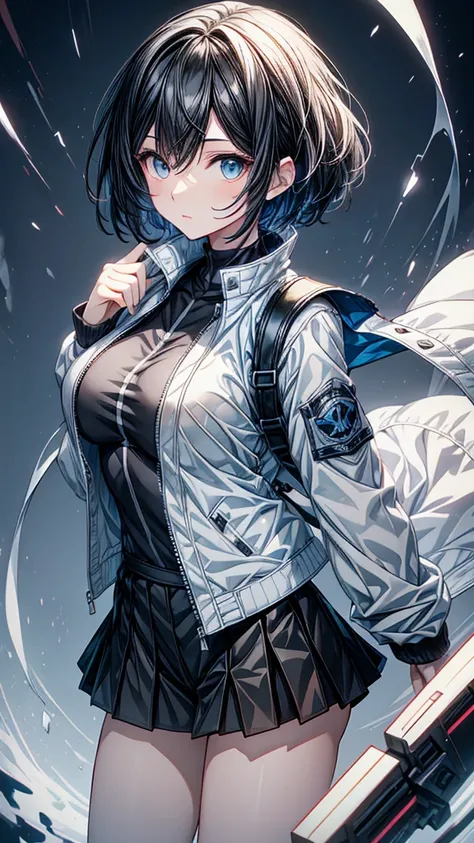 anime girl with normal breasts, short white hair with black hair tips, wearing a white jacket and a blue shirt, 