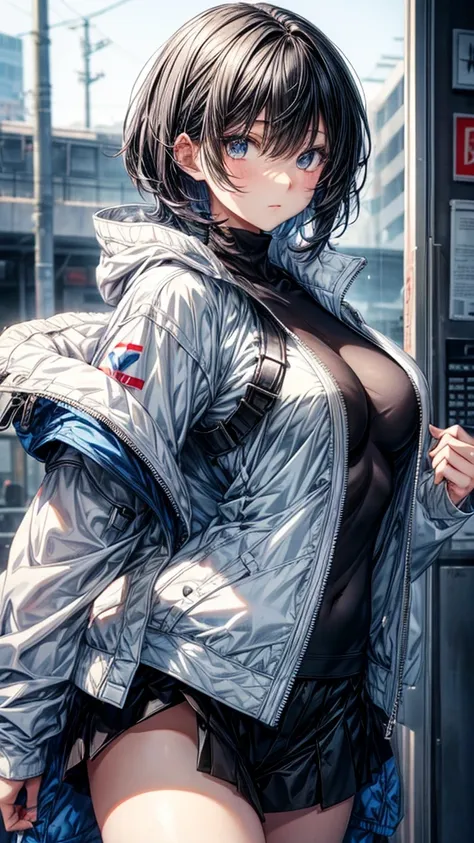 anime girl with normal breasts, short white hair with black hair tips, wearing a white jacket and a blue shirt, 