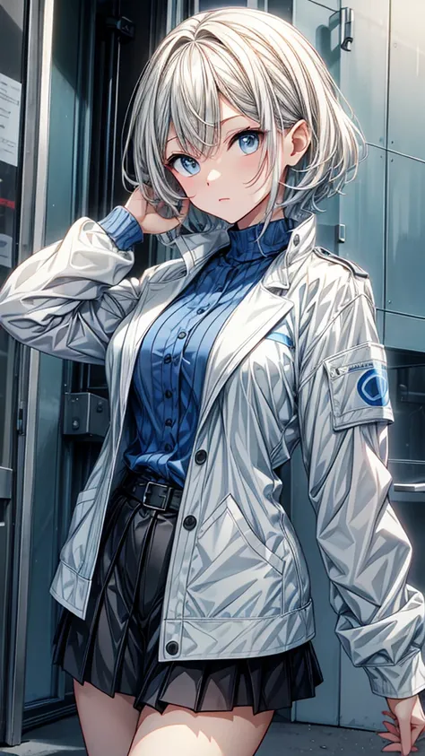 anime girl with normal breasts, short white hair , wearing a white jacket and a blue shirt, 