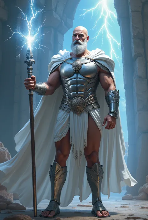 Zues holds a lightning bolt, skinny, shinning silver armor, sandal, bald, moustache