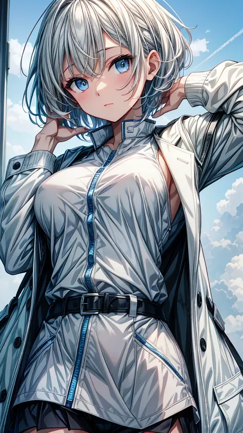 anime girl with normal breasts, short white hair, wearing a white jacket and a blue shirt, 