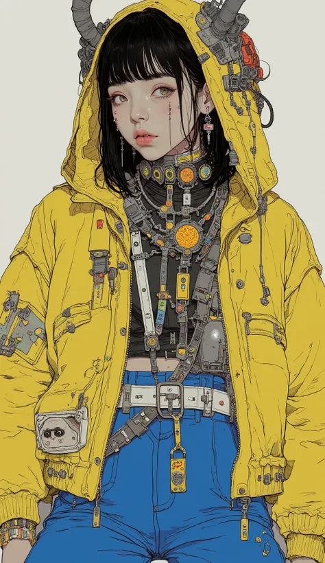 Close up of a person wearing a yellow jacket and blue pants,  cyberpunk art by Russell Dongjun Lou,  trending in CGSociety , Neo-Dada,  cyberpunk streetwear , wearing  cyberpunk streetwear , Cyber Future Jacket,  street wear graphic design , Clothes from t...