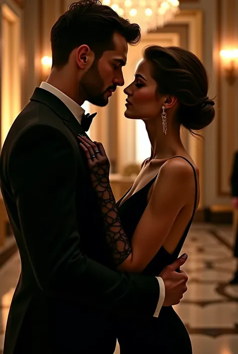 (photorealism:1.2), Create a hyper-realistic image that takes place at a high society gala. In a close-up, an elegant couple in black is shown in an intimate pose: he, with an intense gaze and a tight shirt, and she, in a tight dress and lace gloves.
