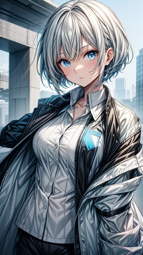 anime girl with normal breasts, short  black hair with white hair tips, wearing a white jacket and a blue shirt, 