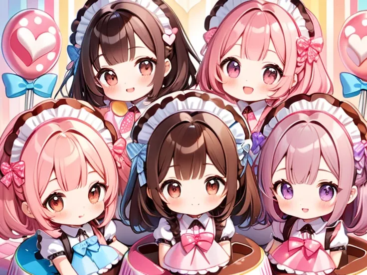  A variety of adorable chibi-style girls made entirely of chocolate, dressed in cute and frilly maid outfits. Each has unique hairstyles and expressions, including playful, shy, and cheerful looks. They are neatly arranged inside a decorative candy box, wi...