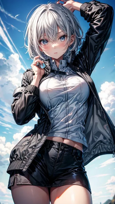 anime girl with normal breasts, short black hair with white hair tips, wearing a white jacket and a blue shirt, 