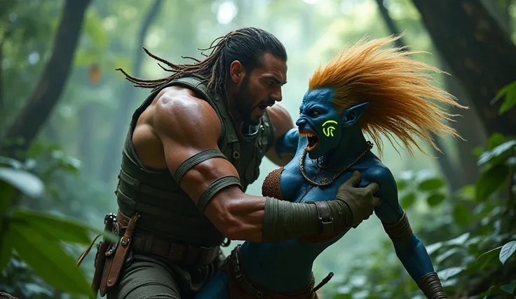 A muscular human male with rugged, battle-worn armor and a determined expression is wrestling a fierce alien huntress like a female in a dense jungle. The alien has blue skin, glowing tribal markings, and wild, golden hair. She snarls aggressively, reveali...