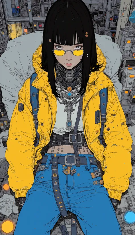 from above、fish eye、Close up of a person wearing a yellow jacket and blue pants,  cyberpunk art by Russell Dongjun Lou,  trending in CGSociety , Neo-Dada,  cyberpunk streetwear , wearing  cyberpunk streetwear , Cyber Future Jacket,  street wear graphic des...