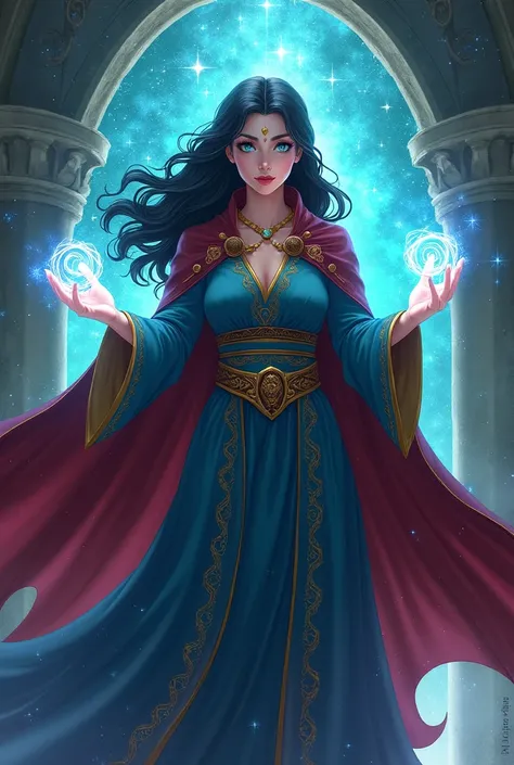 "4K anime style quality, digital drawing mode, a sorceress supreme with long wavy black hair, glowing teal eyes, and an aura of mystical power. She wears a blue sorcerer's robe with flowing crimson cloak with golden accents, her hands glowing with swirling...