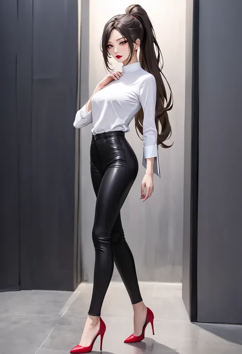 slit shirt, HEELS , ponytail., long hair,lipstick,tight pants
